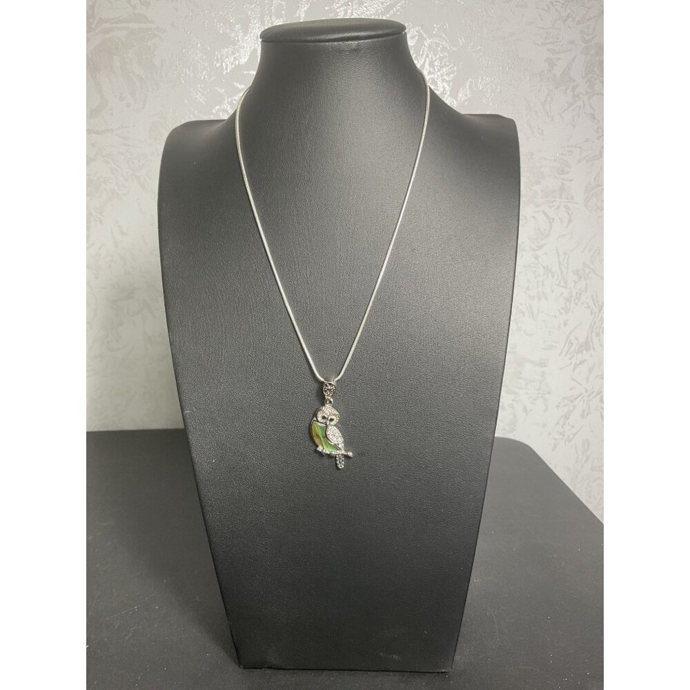 Owl Pendant Necklace With Abalone Shell & Rhinestones On Silver Tone Chain